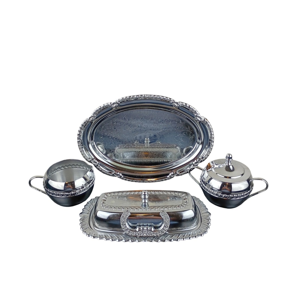 Vintage Silver Plated Tea Set Etched Tray Butter Dish Creamer Sugar Bowl 5pc